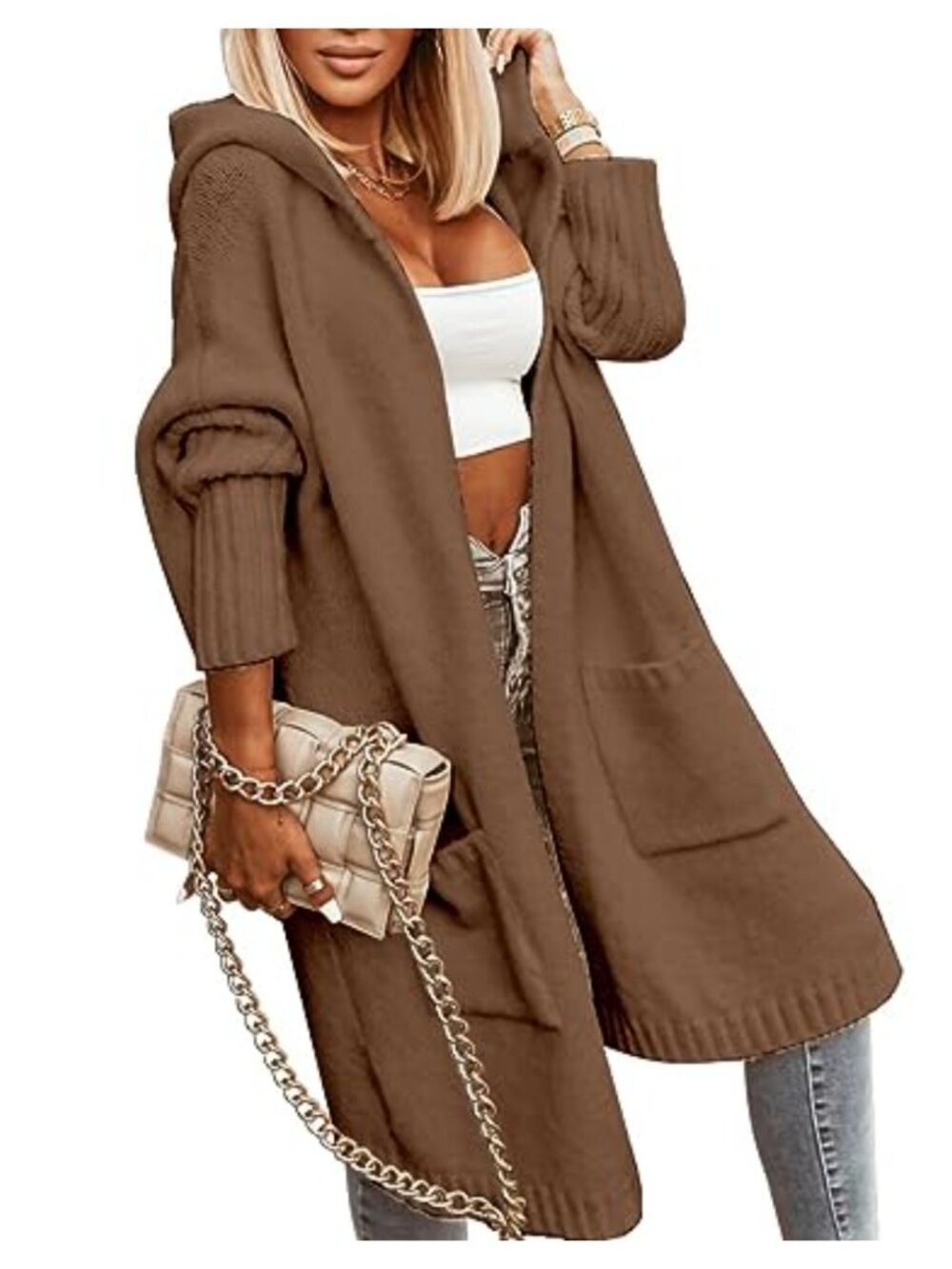 Long Hooded Cable Knit Cardigan Oversized Open Front Sweater Coat